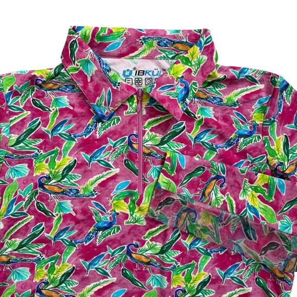 IBKUL Golf Shirt Womens Size Large 1/4 Zip Floral Peacock Pink Quick Dry UPF 50 - Picture 1 of 6